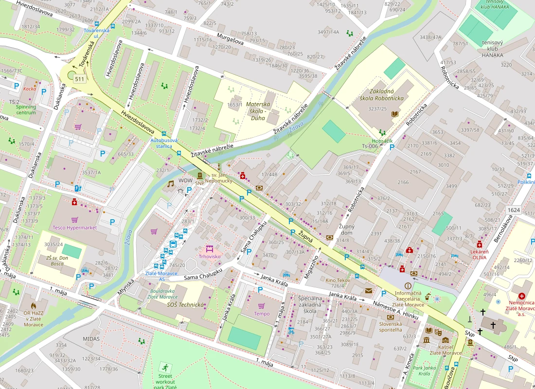 Mapa centra Zlatých Moraviec s vyznačeným Saha Barom na Župnej ulici